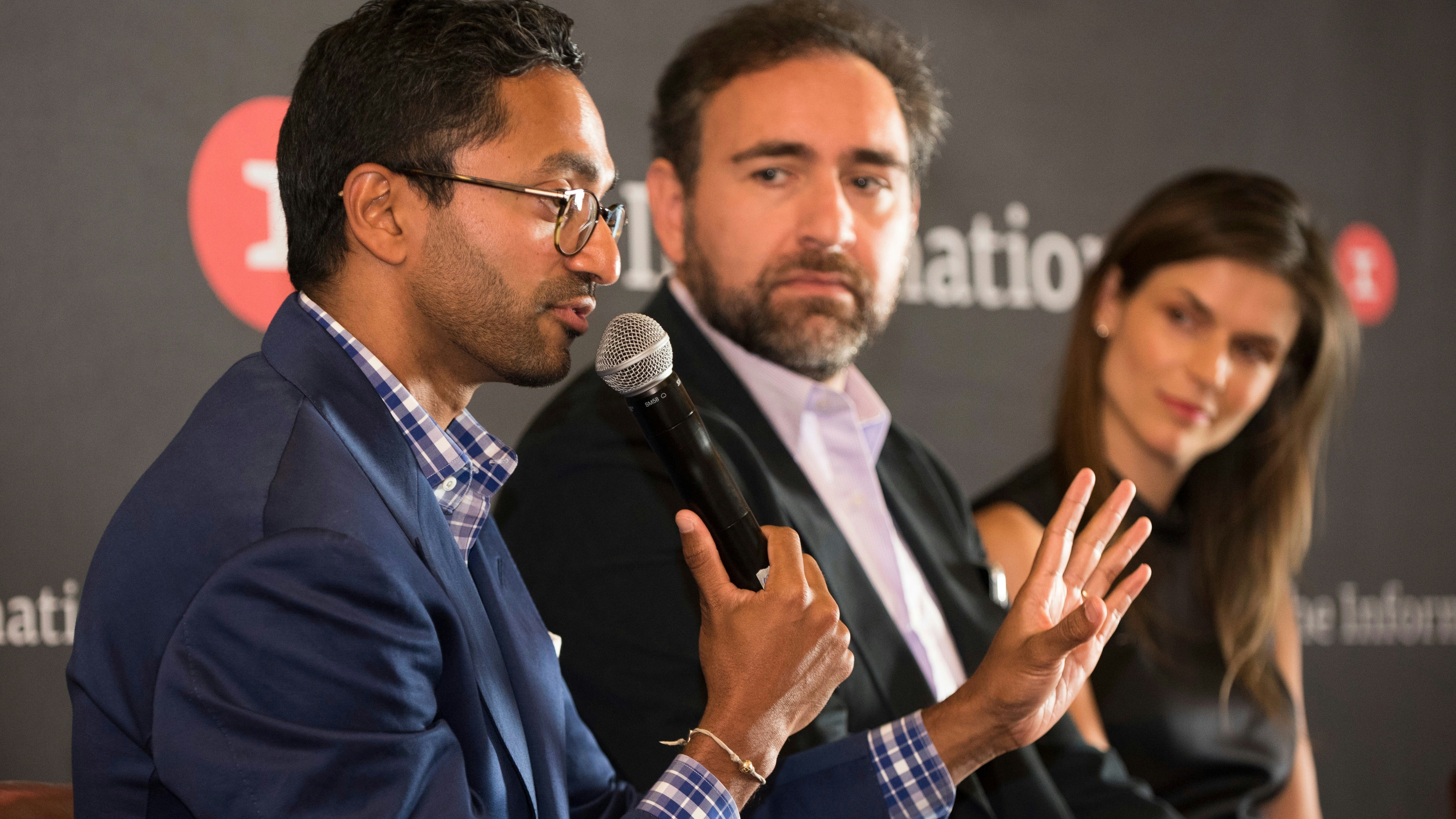 Chamath Palihapitiya, left, Ali Rowghani, center and Lauren Gross, right. Photo by Erin Beach.