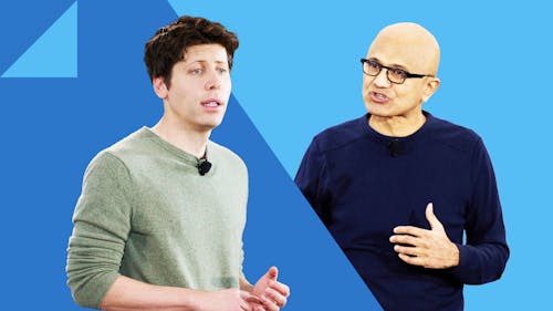 OpenAI CEO Sam Altman, left, and Microsoft CEO Satya Nadella. Photos by Getty Images; Bloomberg.