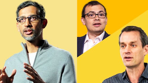 From left, Alphabet CEO Sundar Pichai, DeepMind CEO Demis Hassabis and Google Brain chief Jeff Dean. Photos by Getty, Bloomberg