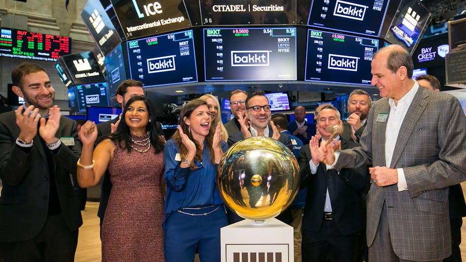 Bakkt's team ringing the first trade bell at the New York Stock Exchange in 2018. Photo via NYSE.