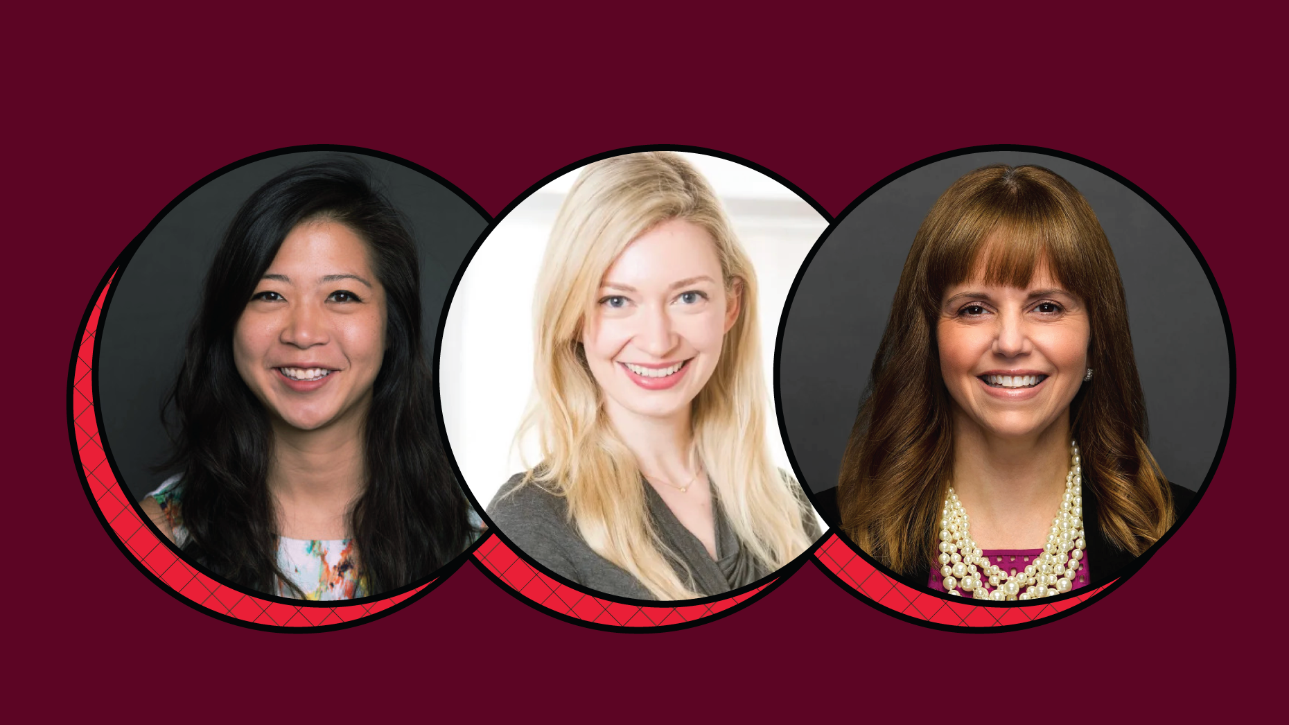 Gina Moon, Tia Sherringham and Flavia Naves. Photos by Santa Clara University, Doordash and Circle Financial.