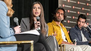 Amanda Diaz, Samir Chaudry and Jon Youshaei at a Creator Economy Summit panel. Photo by Erin Beach.