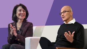 Safra Katz, CEO of Oracle, and Satya Nadella, CEO of Microsoft. Photos by Bloomberg