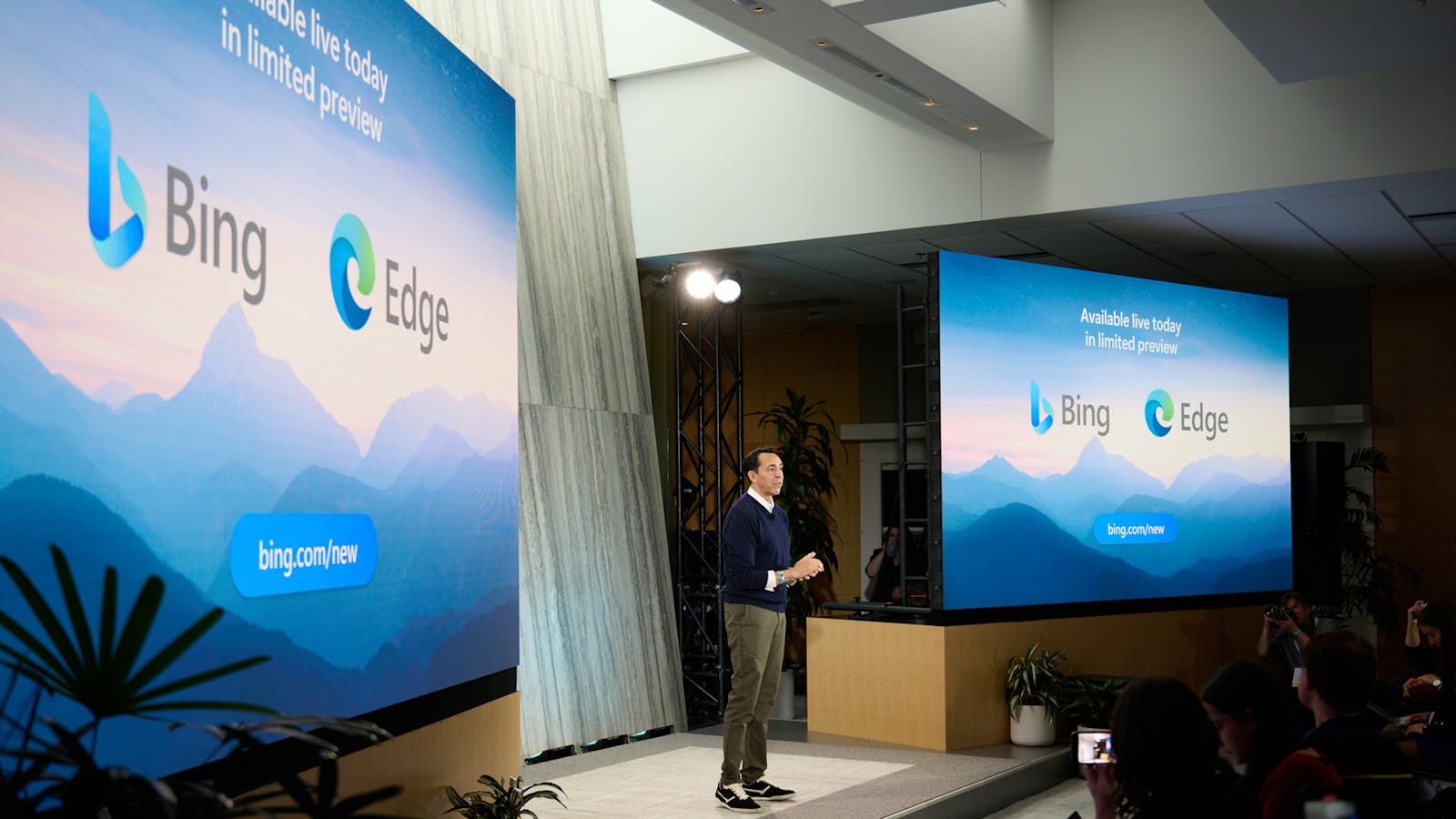 Yusuf Mehdi, Microsoft Consumer Chief Marketing Officer, at the Bing chatbot launch in February. Photo by Getty