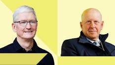 Apple CEO Tim Cook and Goldman Sachs CEO David Solomon. Photos by Bloomberg.