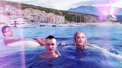 Emad Mostaque, Vitalik Buterin and Grimes in the waters of Montenegro. Photo-illustration by Clark Miller.