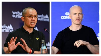 Binance CEO Changpeng Zhao and Coinbase CEO Brian Armstrong. Photos by Getty