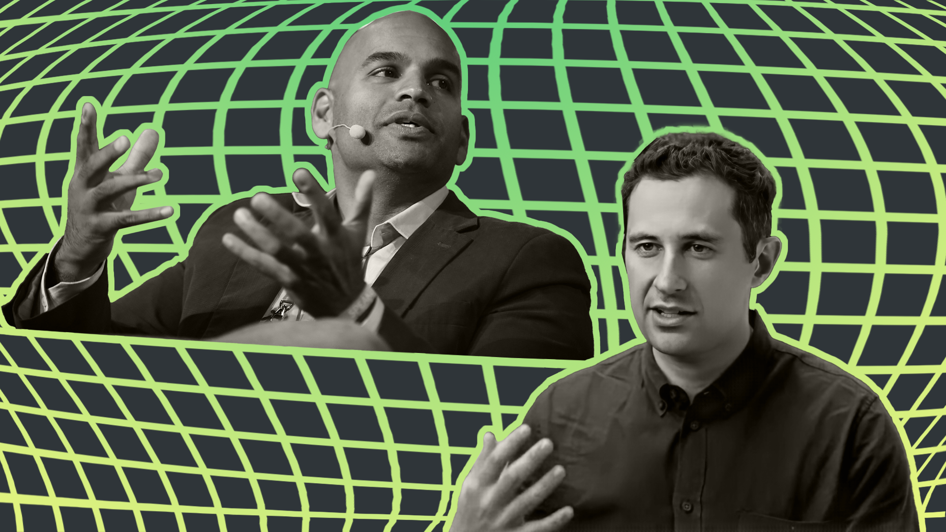 Naveen Rao, CEO of MosaicML, and Jake Heller, CEO of Casetext. Photos via Getty and YouTube/Casetext; Art by Shane Burke.