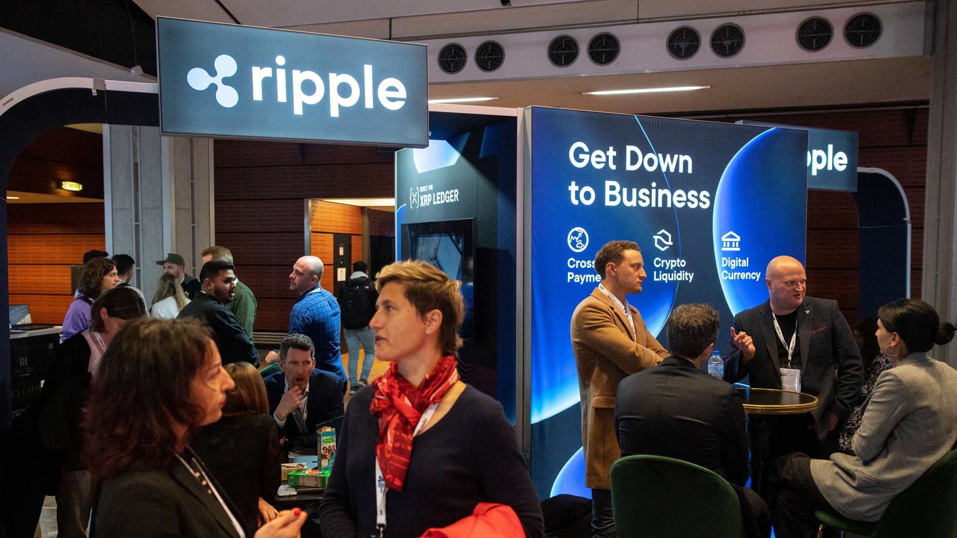 The Ripple Labs Inc. booth at the Blockchain Week Summit in Paris on March 22. Photo by Getty.