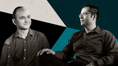 Character.AI's cofounders Noam Shazeer and Daniel de Freitas. Photos by Getty. Art by Shane Burke.