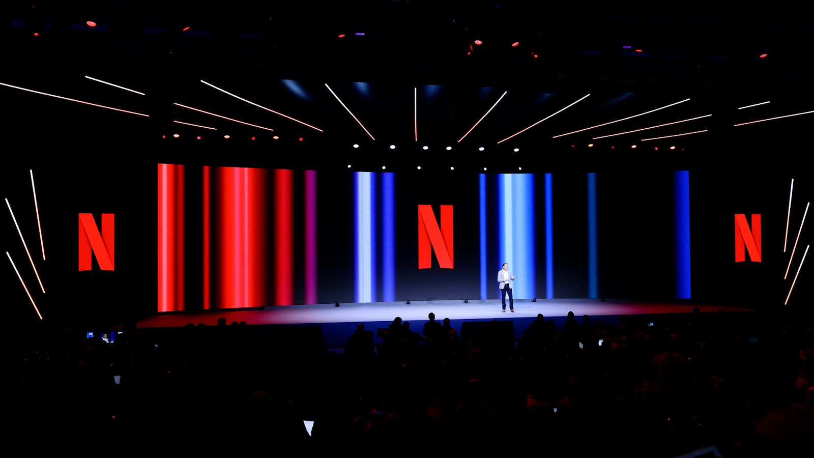 Netflix co-CEO Greg Peters speaking at an event in Barcelona in early March. Photo by Getty
