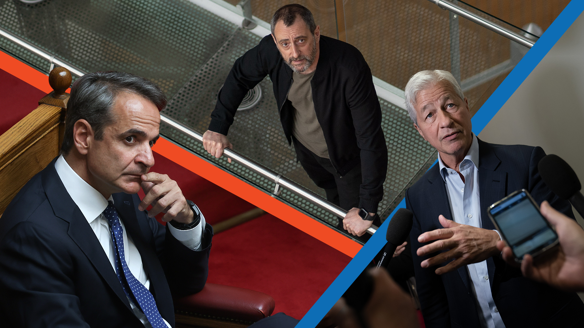 Left to right: Kyriakos Mitsotakis, prime minister of Greece; Haris Karonis, CEO of Viva Wallet; and Jamie Dimon, CEO of JPMorgan Chase. Photos by Getty.