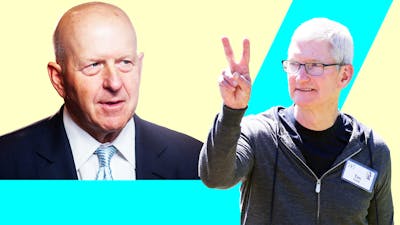 Goldman Sachs CEO David Solomon, left, and Apple CEO Tim Cook. Photos by Getty.