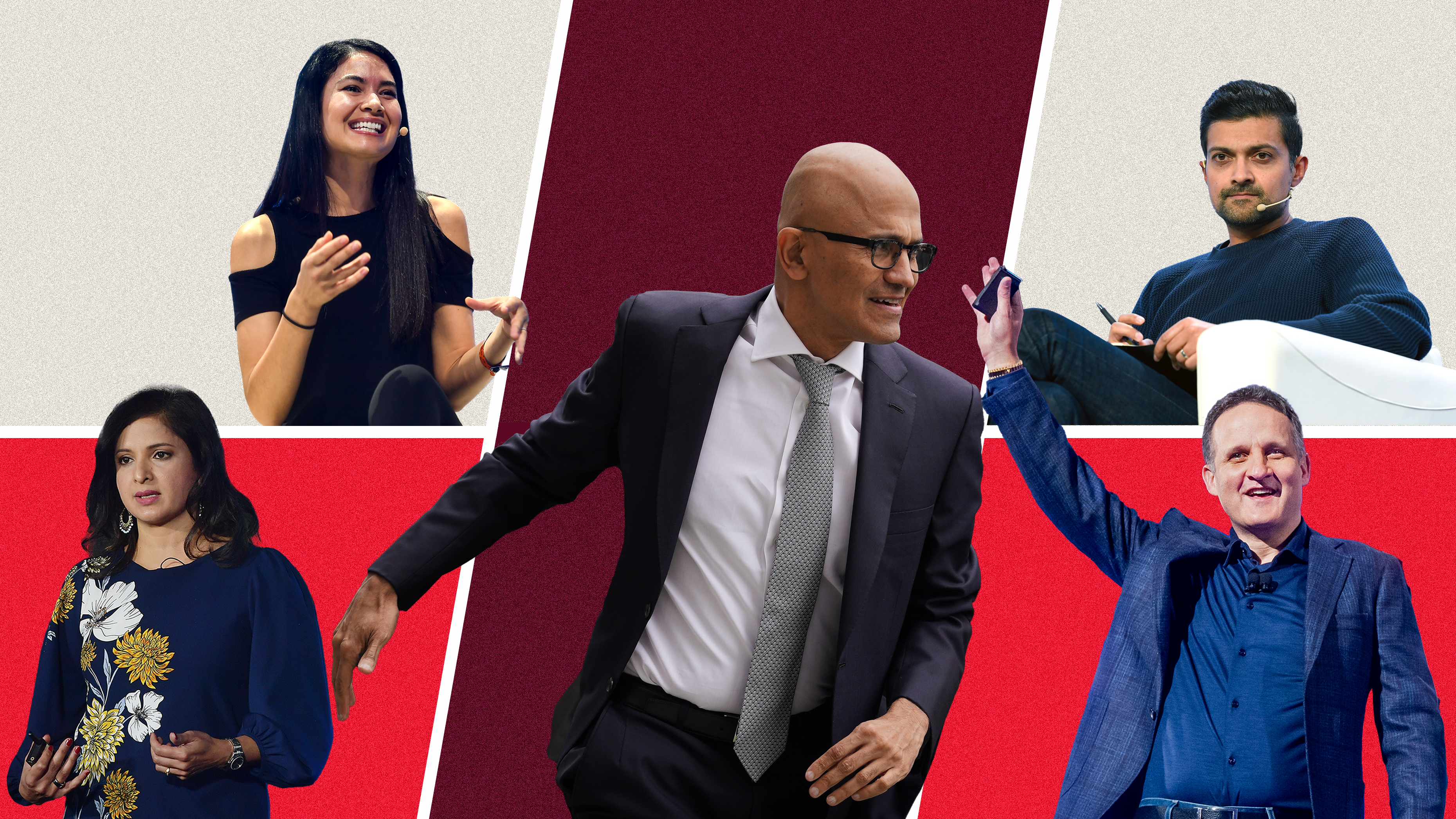From left to right: Yamini Rangan, Melanie Perkins, Satya Nadella, Adam Selipsky, and Mamoon Hamid. Photos via Getty and Wikimedia. Art by Shane Burke.