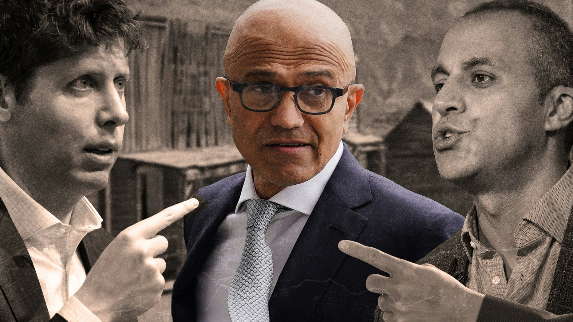 From left, OpenAI CEO Sam Altman, Microsoft CEO Satya Nadella, and Databricks CEO Ali Ghodsi. Collage by Clark Miller