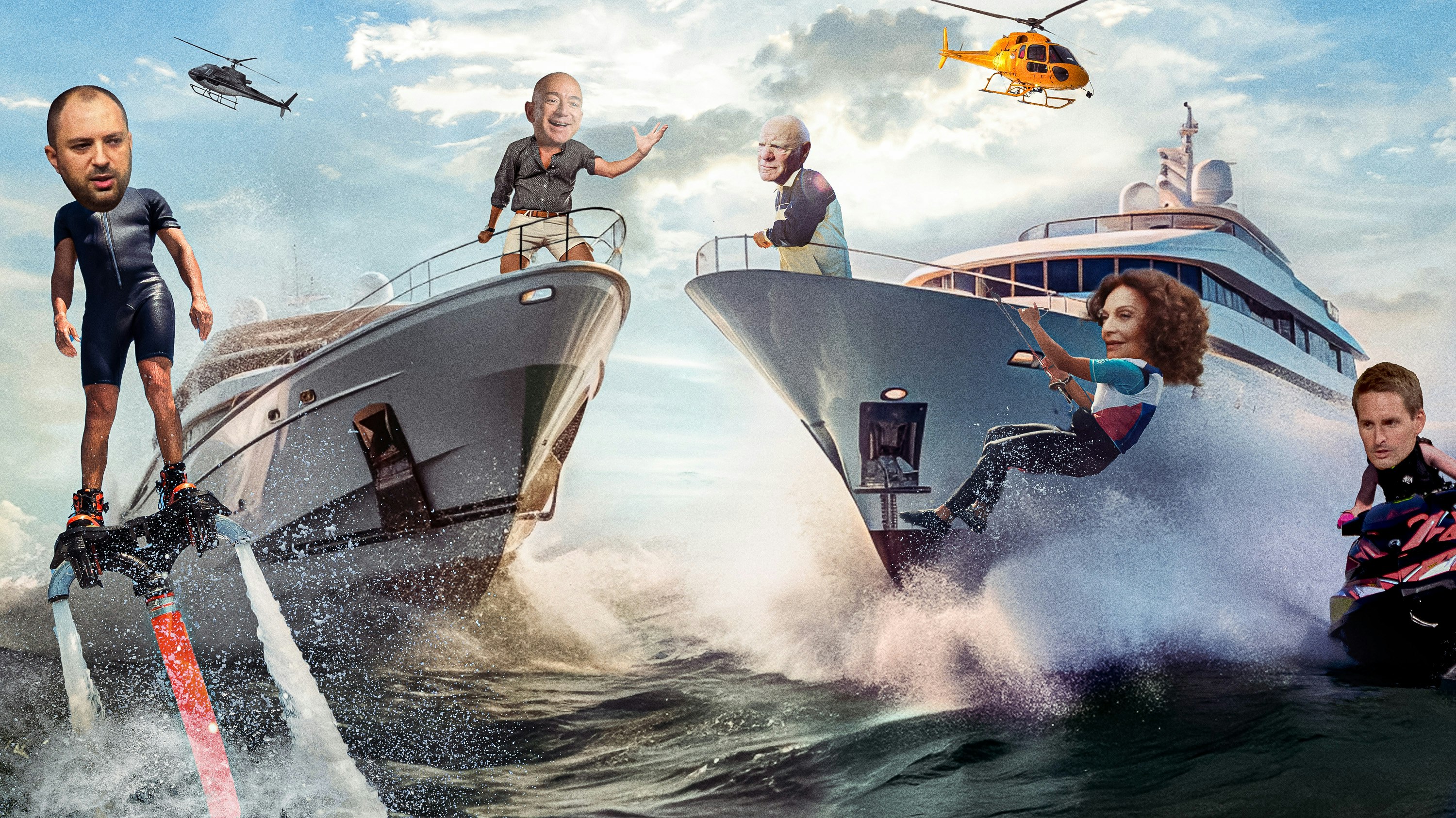 From left, megayacht owners Jan Koum, Jeff Bezos, Barry Diller, Diane von Furstenberg and Evan Spiegel. Art by Clark Milller