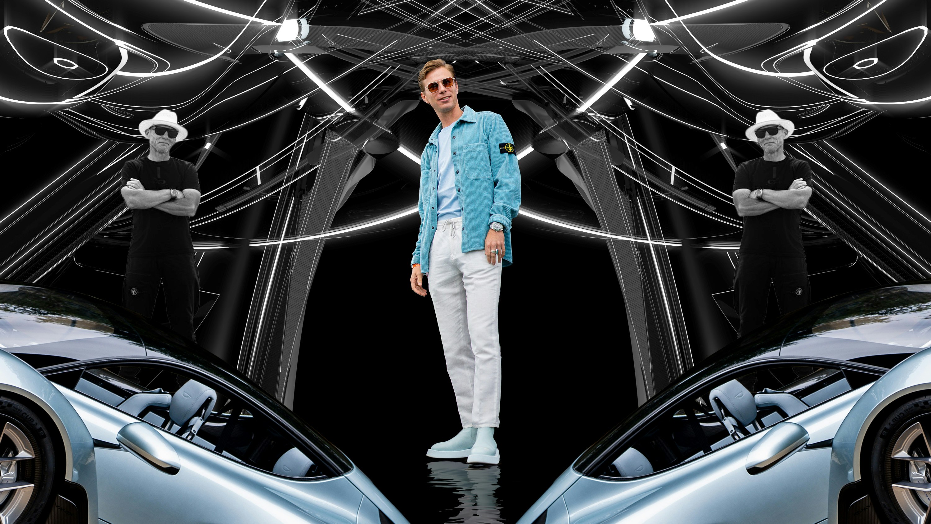 Czinger cofounders Lukas Czinger (center) and his father Kevin Czinger. Collage by Clark Miller. Photography courtesy Czinger