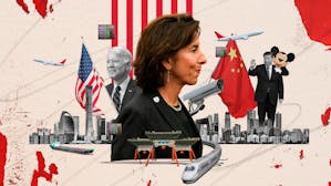Commerce Secretary Gina Raimondo engaged in a high-wire act of diplomacy during her four-day trip to China. Photo of Raimondo via Getty Images. Collage by Clark Miller.