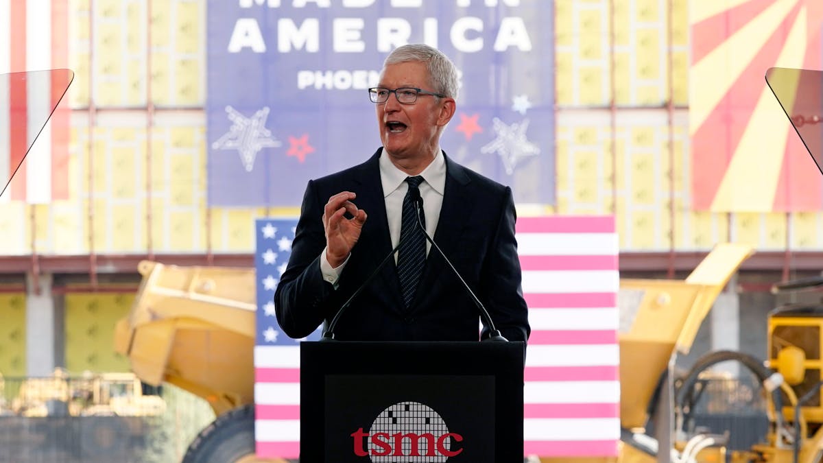 Apple CEO Tim Cook at the site of the TSMC plant in Phoenix in December. Photo by AP.