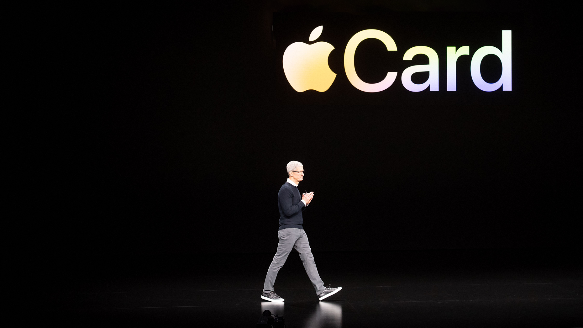 Tim Cook introduces Apple Card during a launch event at Apple headquarters on March 25, 2019. Photo via Getty.