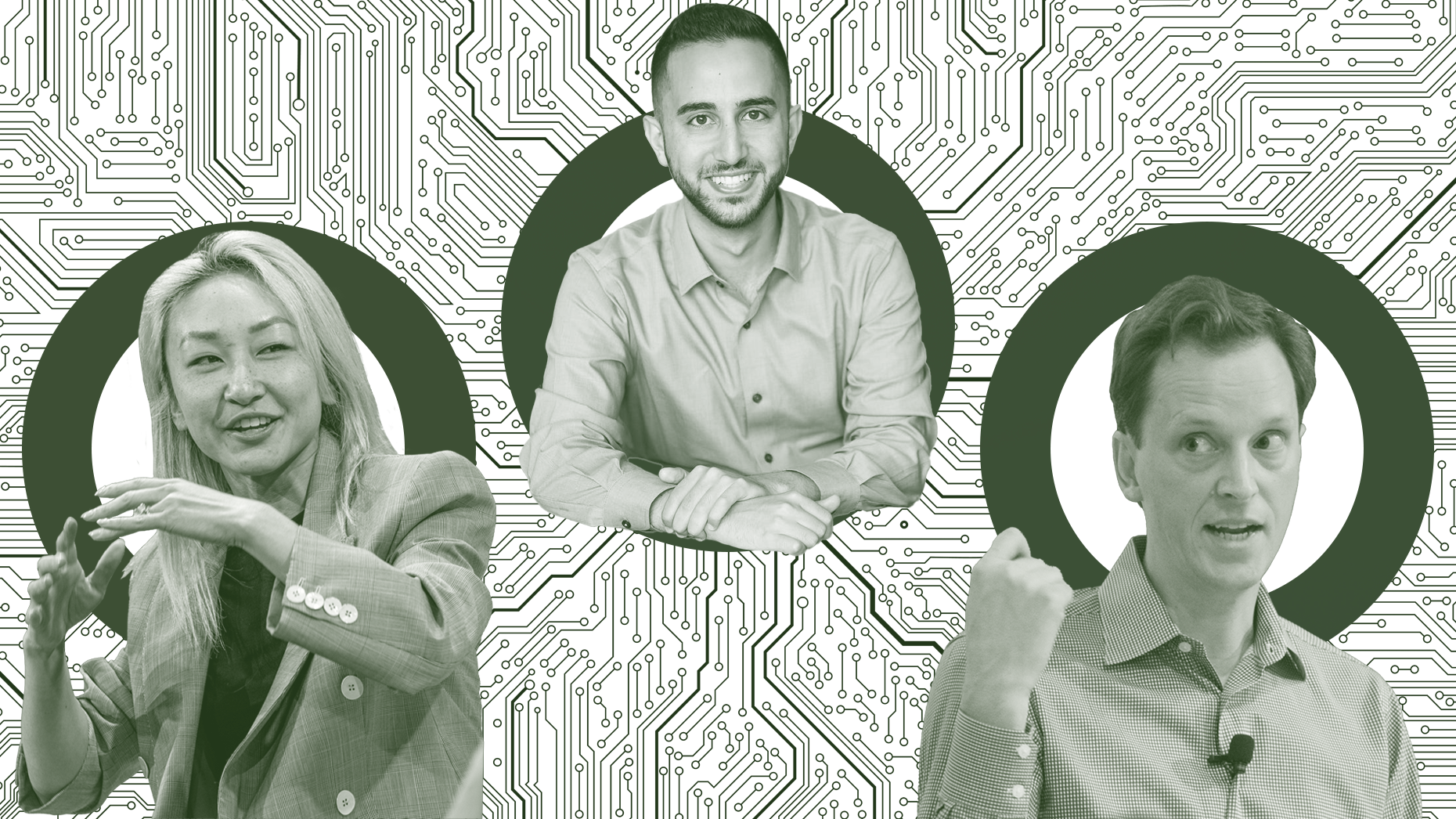 Left to right: Sarah Guo, founder of Conviction; Saam Motamedi, general partner at Greylock; and Nat Friedman, investor and former CEO of GitHub. Photos via Getty, Greylock and Erin Beach (right).