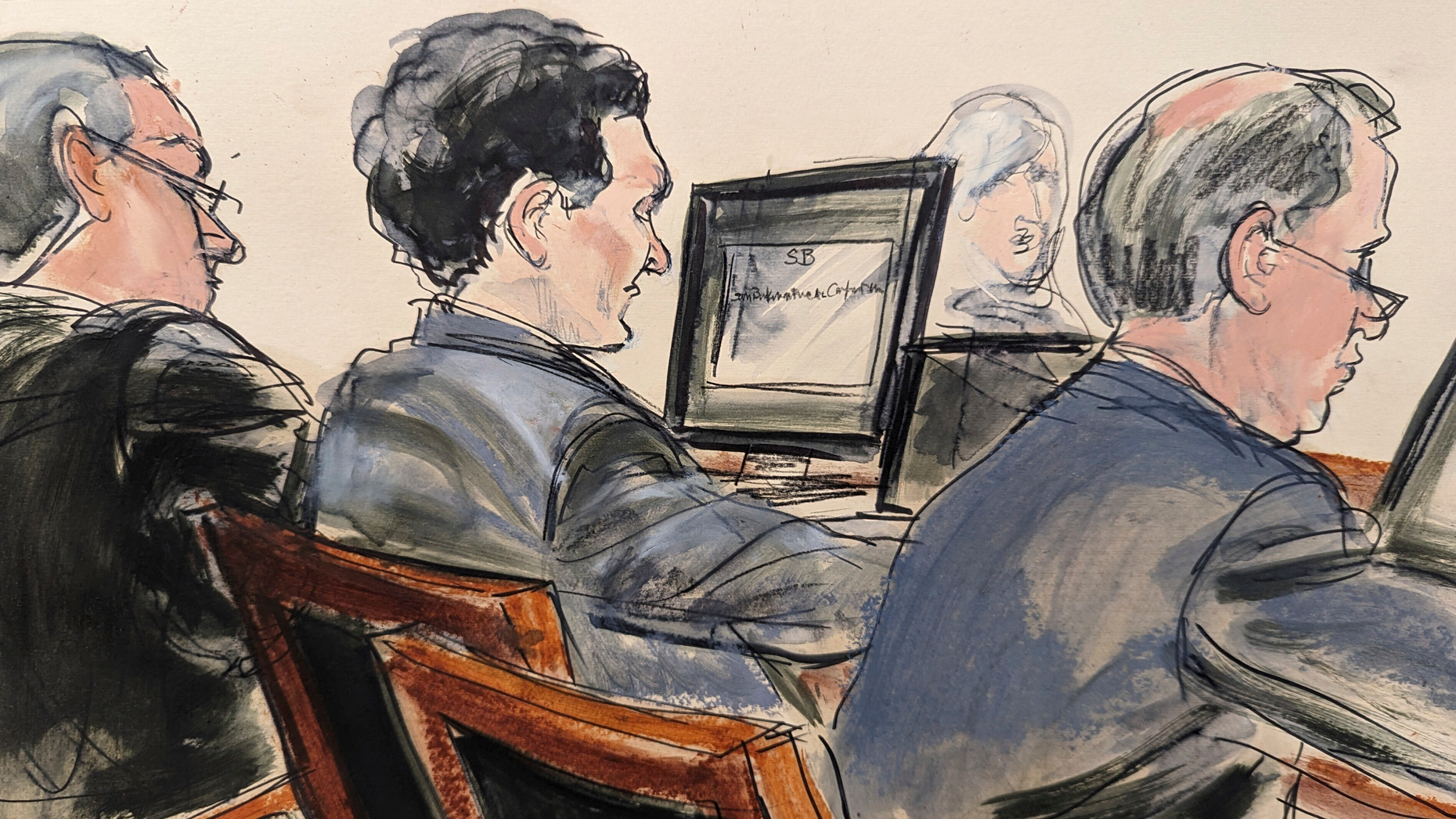 Sam Bankman-Fried listens as Caroline Ellison testifies on Oct. 11. Sketch by Elizabeth Williams via AP.