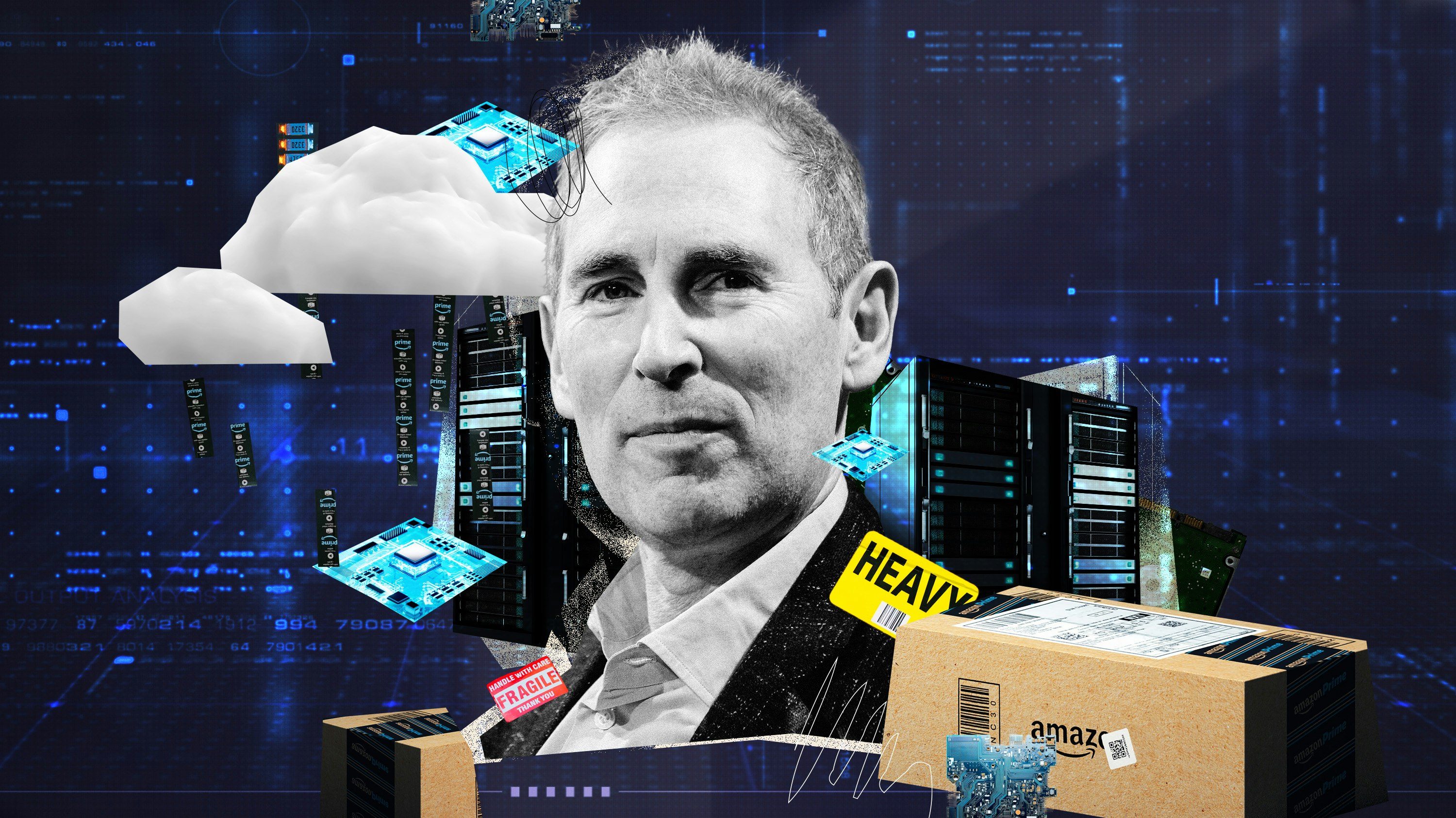Amazon CEO Andy Jassy believes things are far from settled in the AI race: “We are like three steps into this marathon.” Art by Clark Miller; photo Getty.