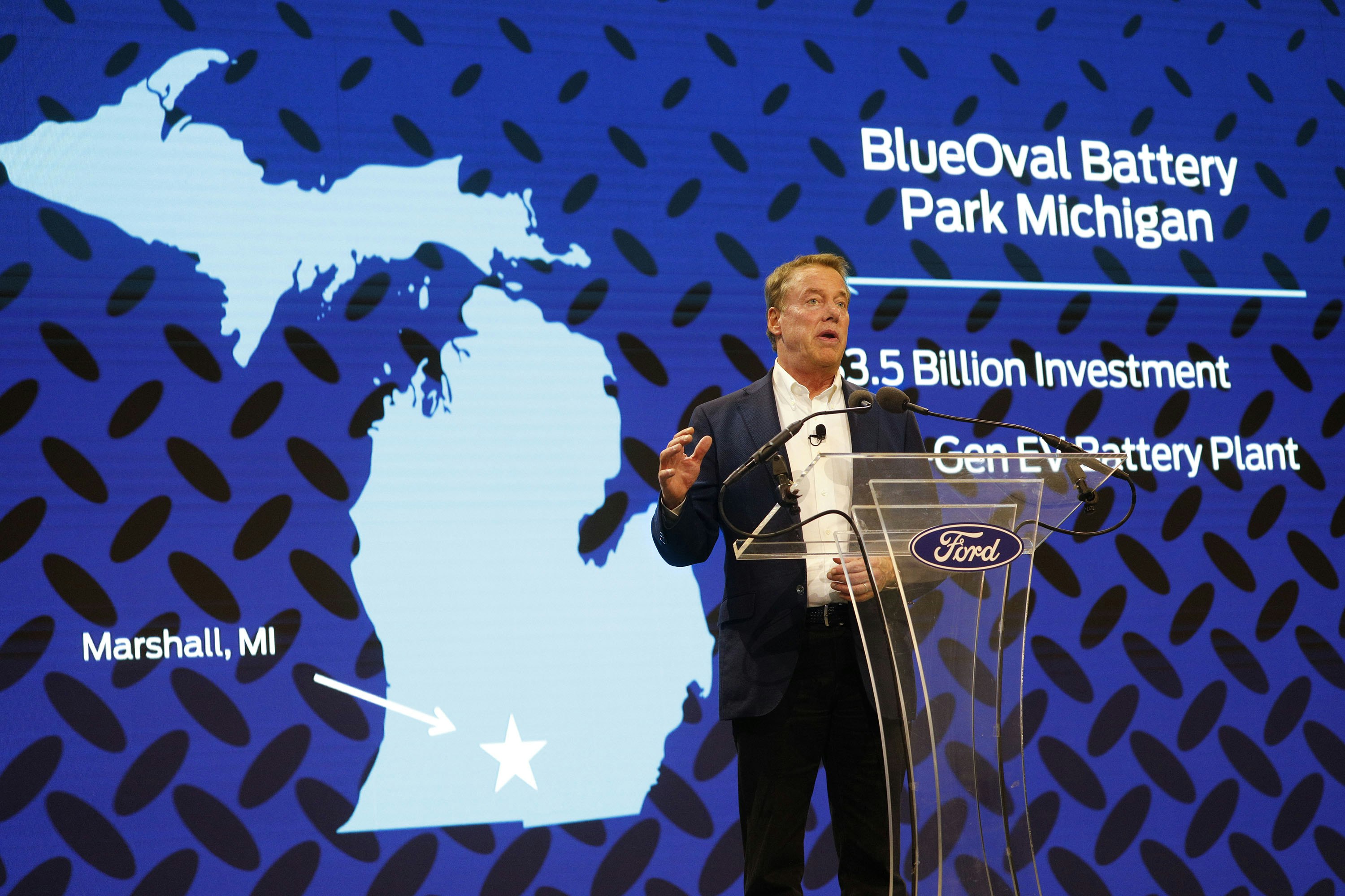 Ford Executive Chair Bill Ford at the February 2023 announcement of a new $3.5 billion battery plant that has since been put on hold. Photo: Bill Pugliano/Getty  