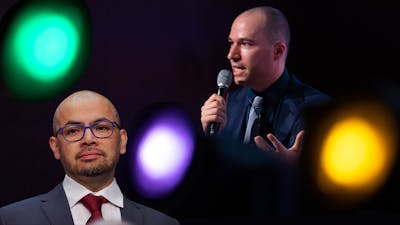 Google's AI chief Demis Hassabis, left, and OpenAI President Greg Brockman, right. Photos by Getty