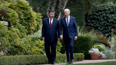 Chinese President Xi Jinping (left) and US President Joe Biden in Woodside, Calif., on Wednesday. Photo AFP via Getty