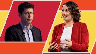 Sam Altman, OpenAI co-founder and former CEO, and Helen Toner, OpenAI Board Member. Photos via Getty. Art by Shane Burke.