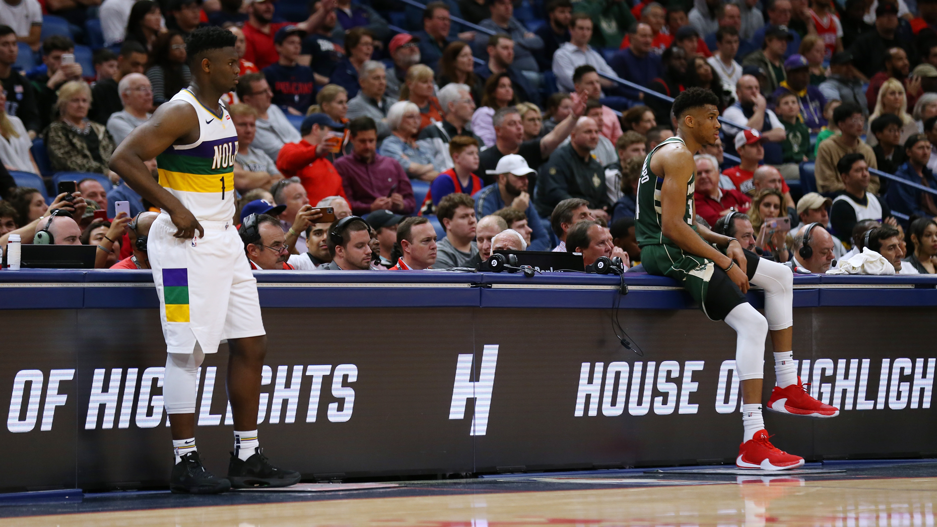 Players at a New Orleans Pelicans and Milwaukee Bucks game in New Orleans. Photo by Jonathan Bachman/Getty Images.