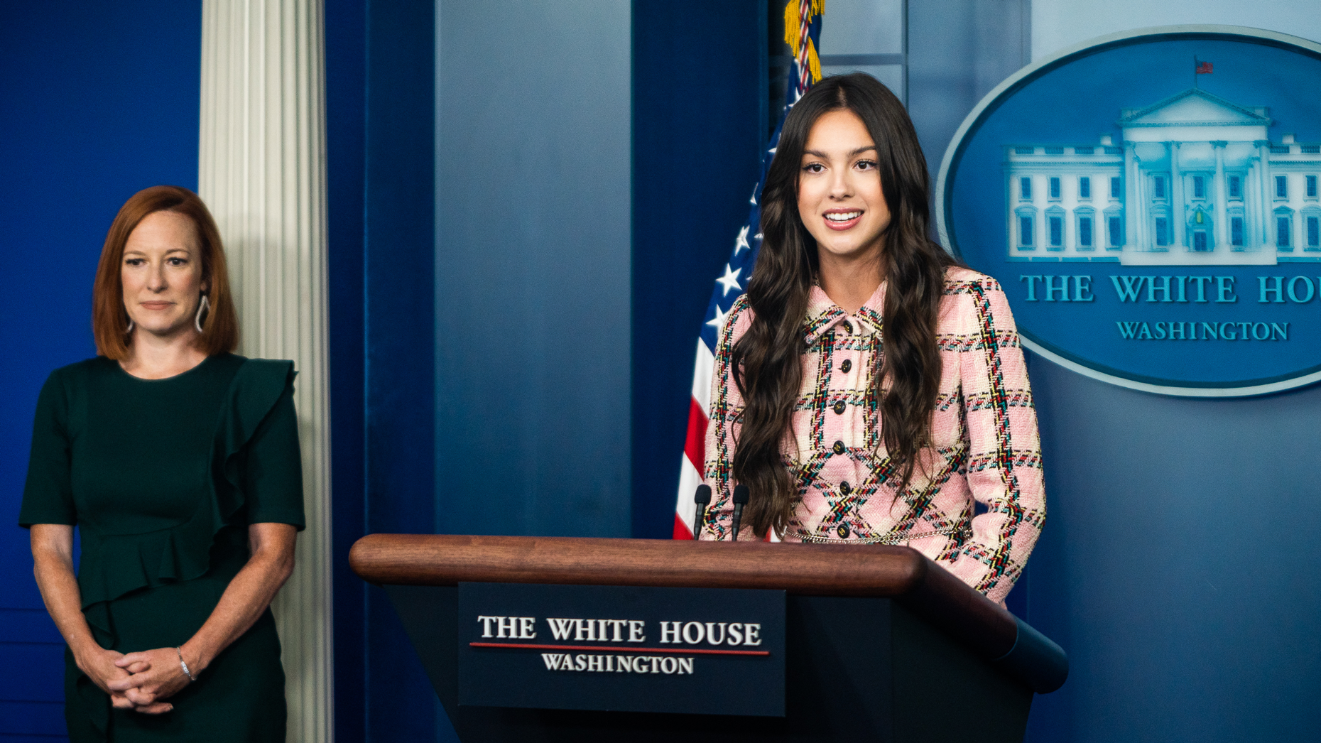 Singer Olivia Rodrigo joins a White House press briefing in 2021. Photo by Demetrius Freeman/The Washington Post via Getty Images.