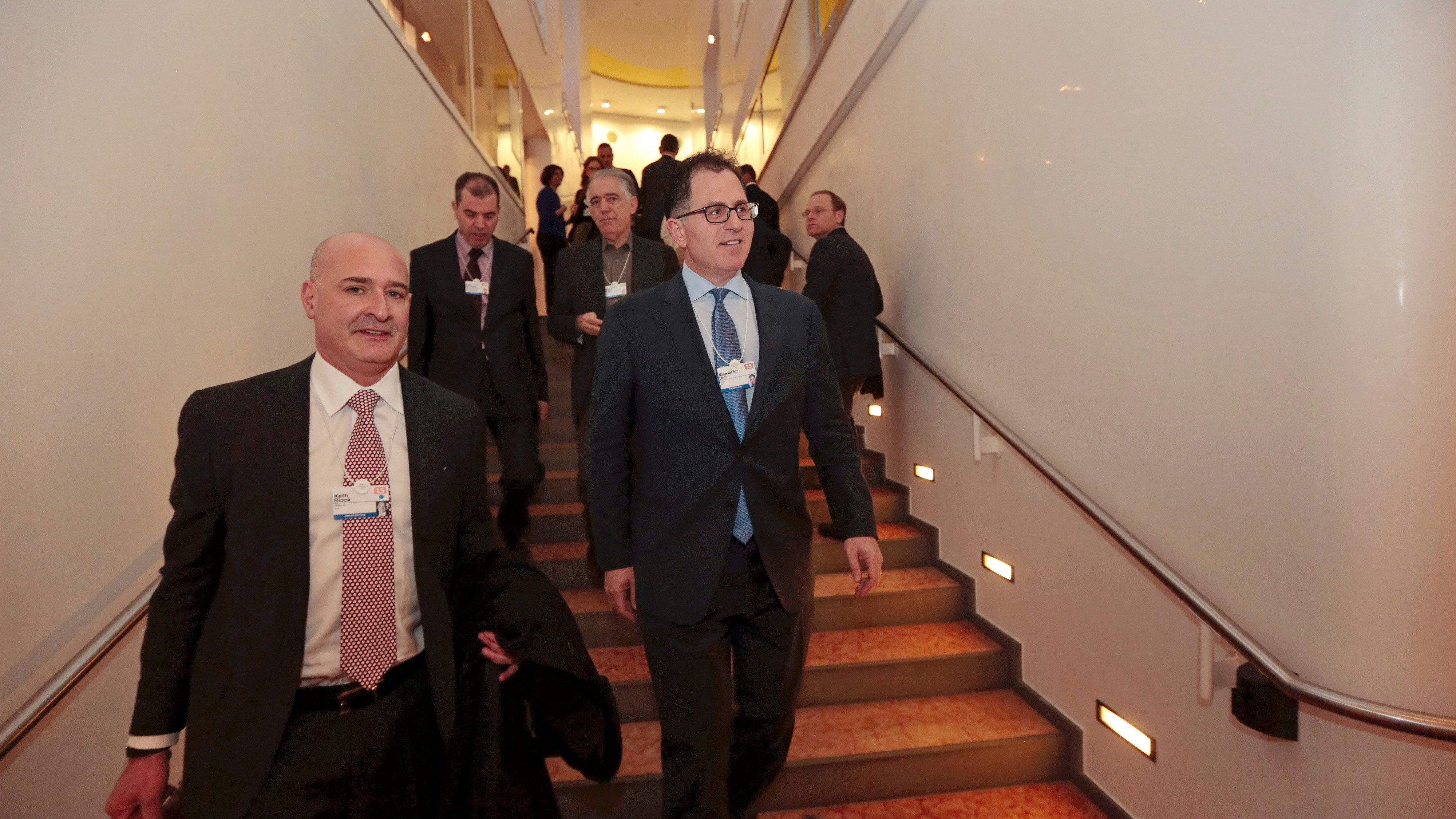 Salesforce COO Keith Block, left, with Michael Dell at the World Economic Forum in Davos last year. Photo by Bloomberg.