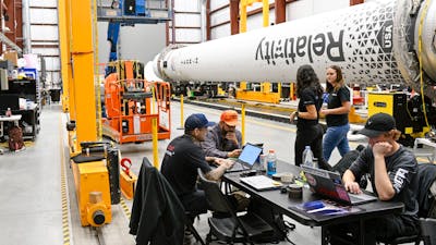 Relativity engineers and technicians prepare the Terran 1 rocket in Cape Canaveral, Fla.. Photo by Jonathan Newton/The Washington Post via Getty Images.