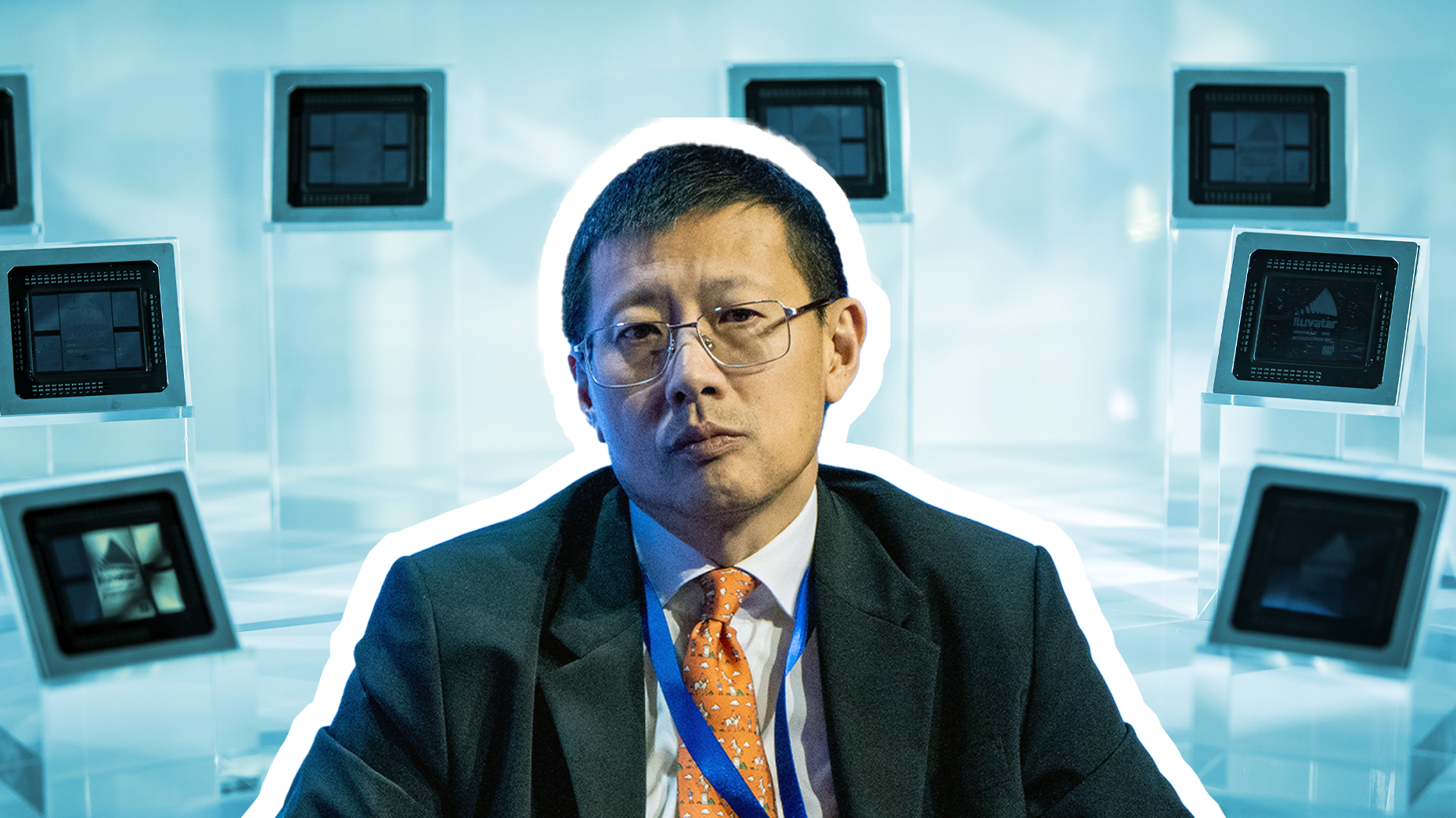 HongShan's chief, Neil Shen, and Iluvatar GPUs. Photos by Bloomberg via Getty.