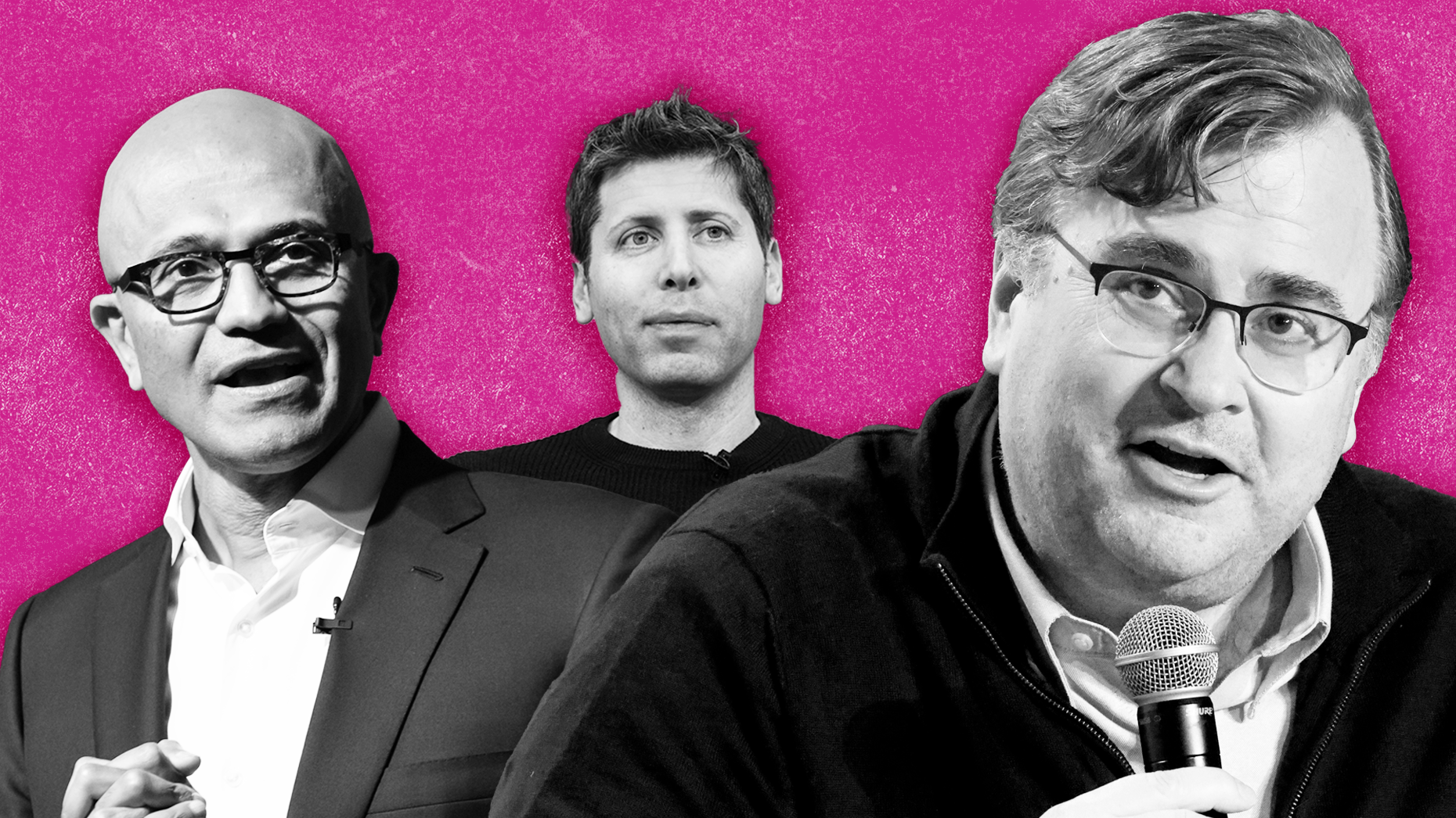From Left: Microsoft CEO Satya Nadella, OpenAI CEO Sam Altman and LinkedIn co-founder Reid Hoffman. Photos by Getty