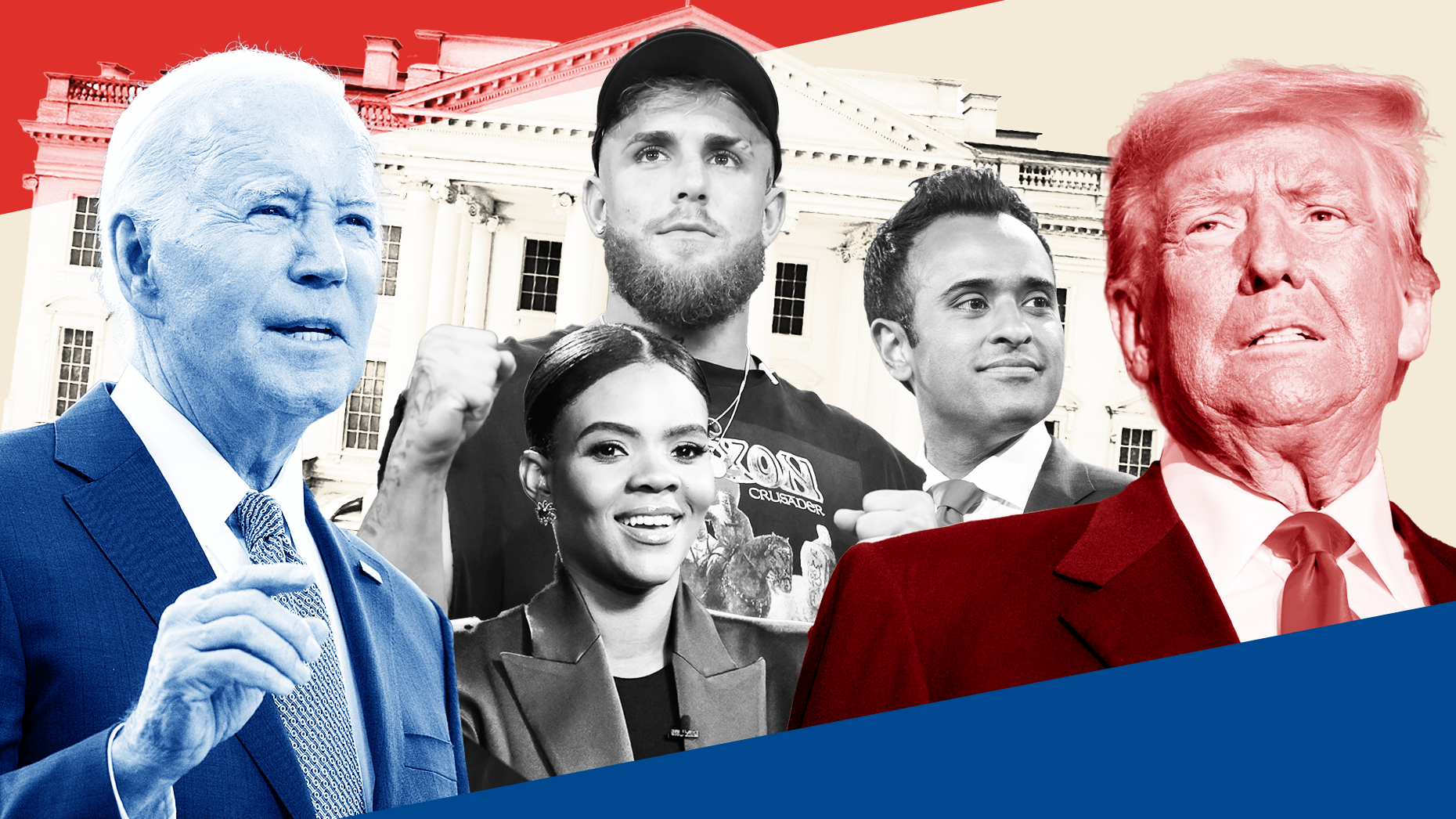 Joe Biden, Candace Owens, Jake Paul, Vivek Ramaswamy and Donald Trump. Photos by Getty. Art by Mike Sullivan.