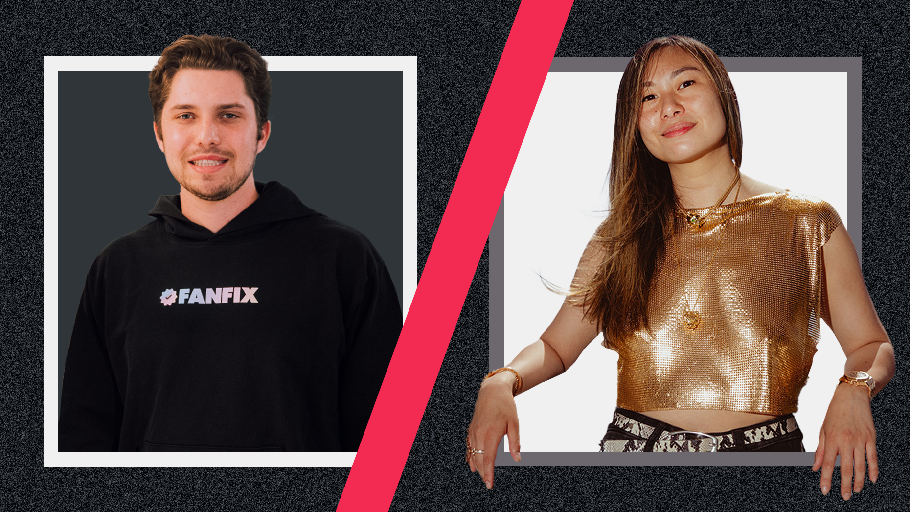 Photo via FanFix. Left: Fanfix CEO and co-founder Harry Gestetner. Right: Passes CEO Lucy Guo. Photo by Celia D. Luna for The Information.