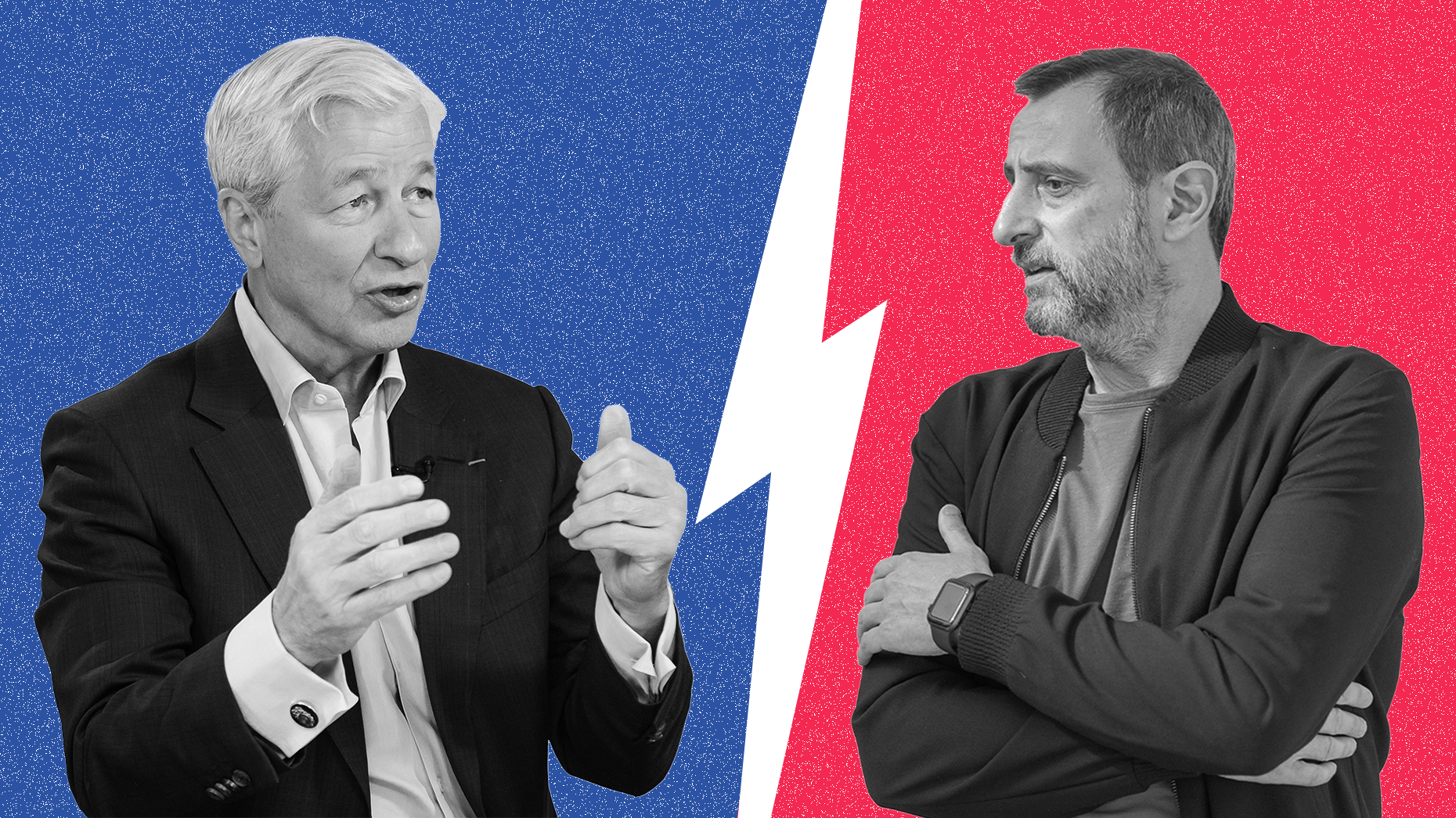 Jaime Dimon, CEO of JPMorgan Chase, and Haris Karonis, CEO of Viva Wallet. Photos via Getty Images.