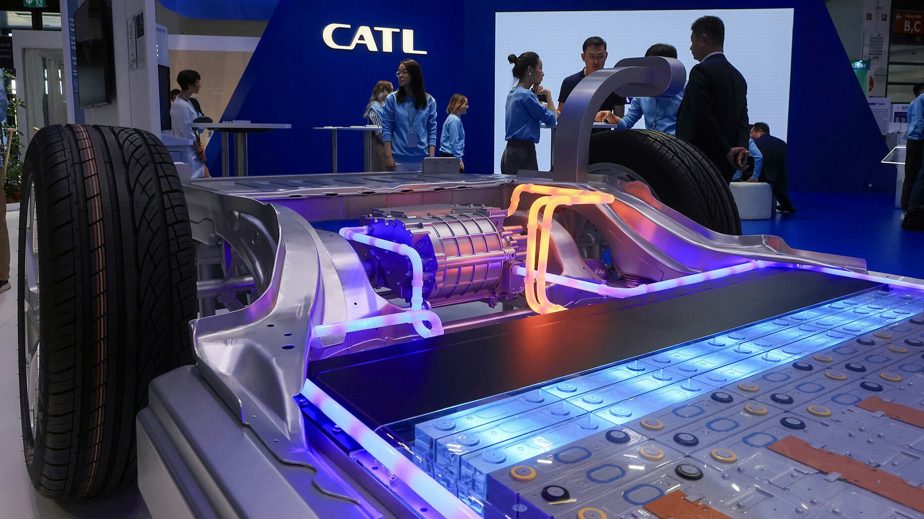 A CATL battery pack in a chassis at the Munich Motor Show. Photo: Getty