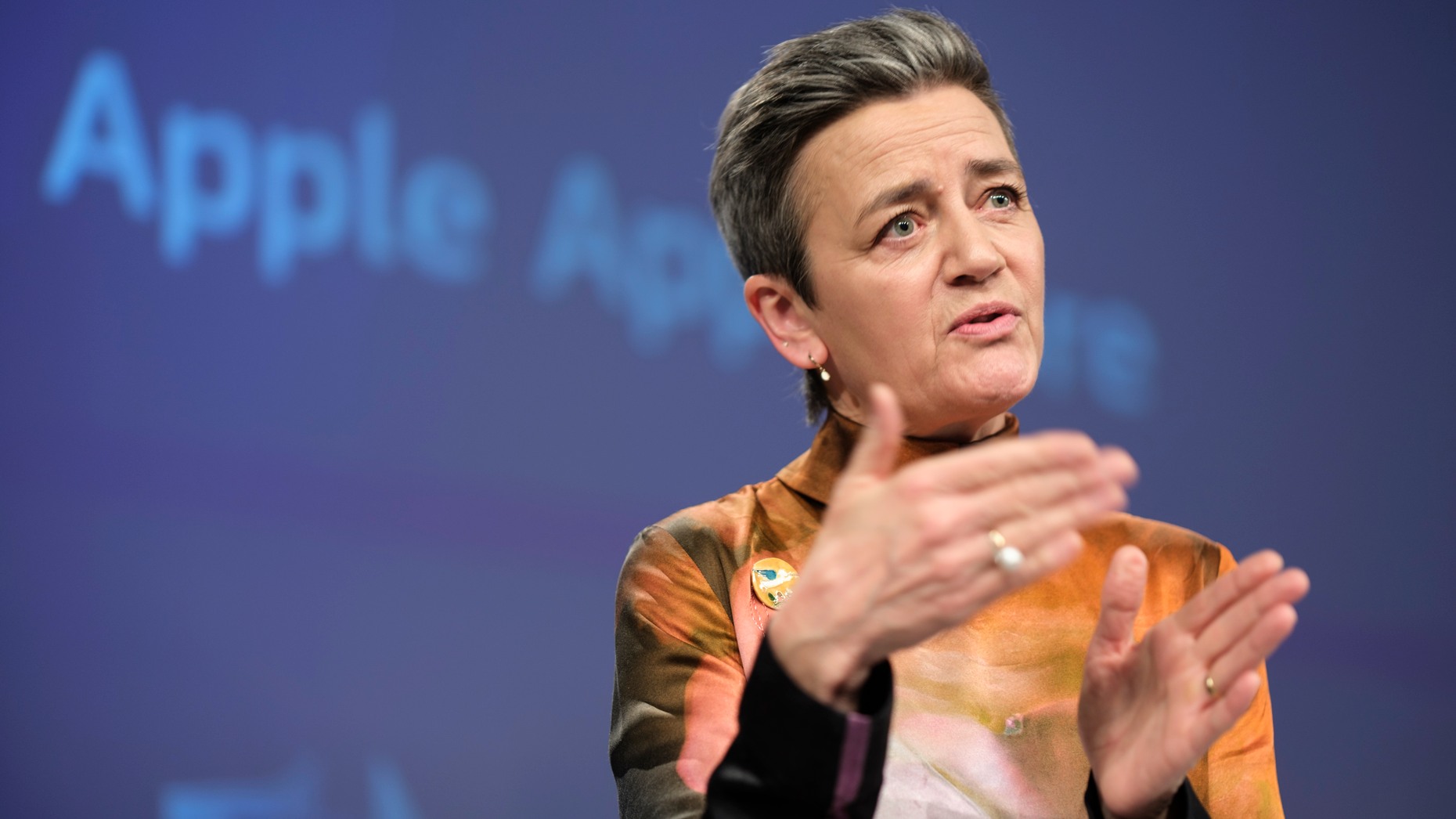 EU Commissioner for 'A Europe Fit for the Digital Age' Margrethe Vestager speaking today in Brussels. Photo by Thierry Monasse/Getty Images.