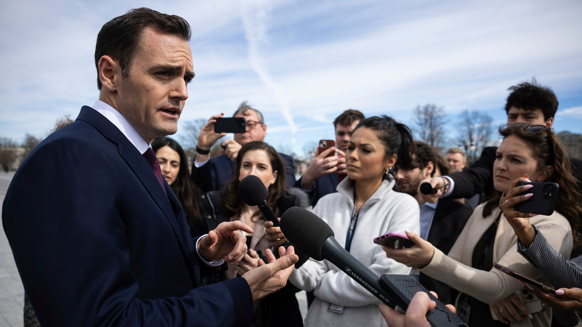 Rep. Mike Gallagher (R-Wis.) speaks with reporters about TikTok outside the U.S. Capitol today. Photo via AP.