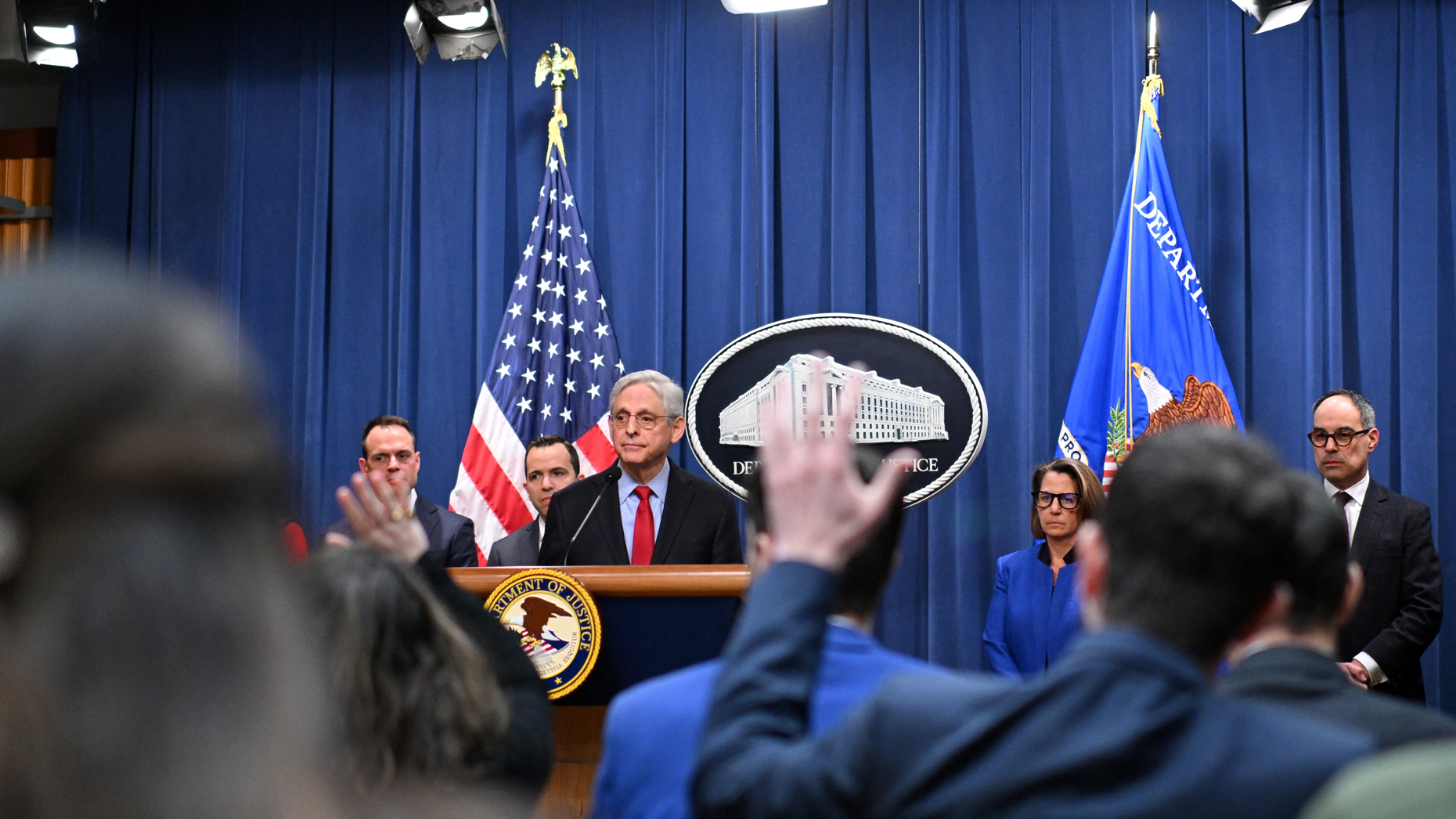 U.S. Attorney General Merrick Garland answers questions during today's press conference announcing an antitrust lawsuit against Apple. Photo by Mandel Ngan/AFP.