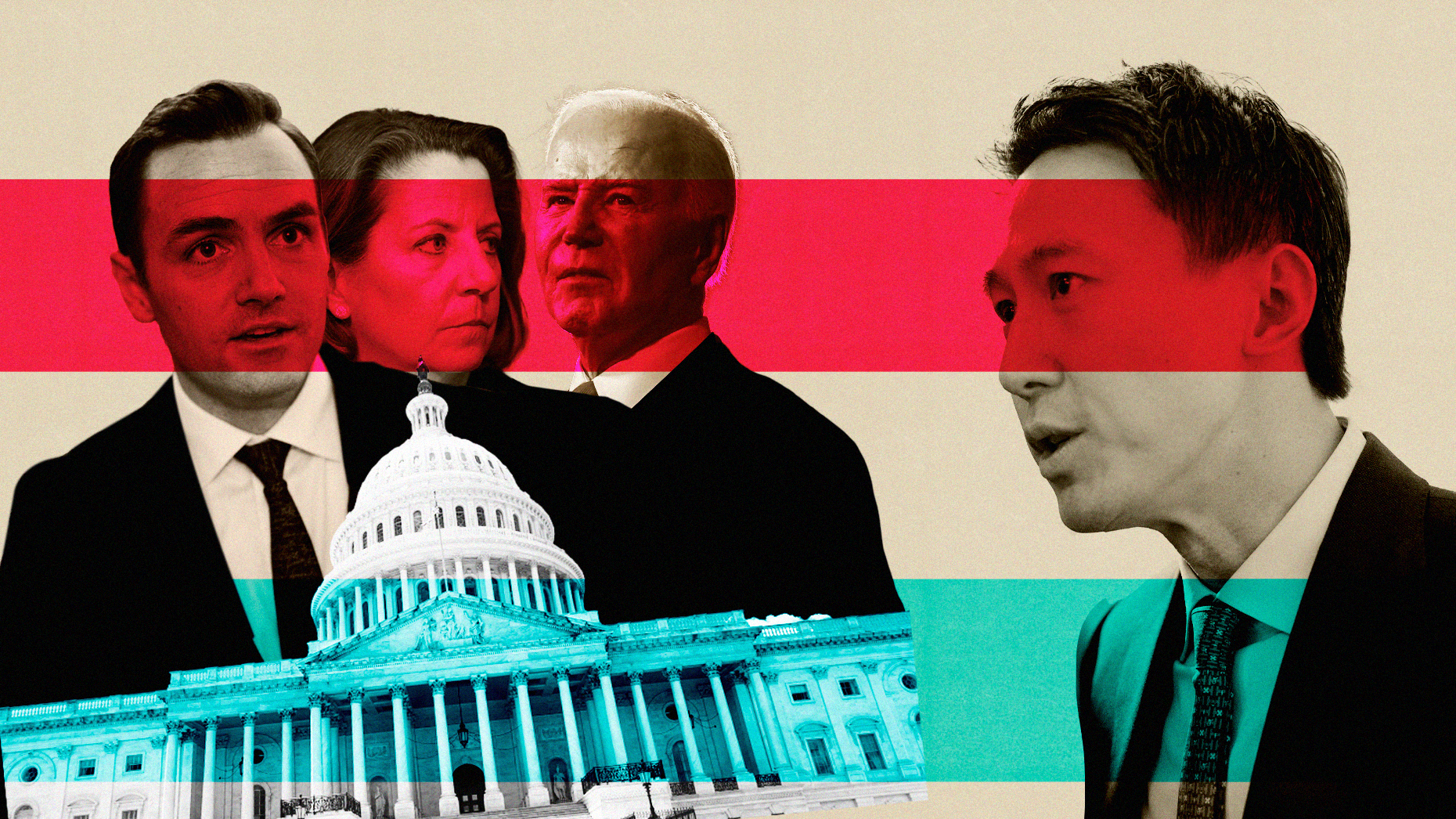 From left: Mike Gallagher, Lisa Monaco, Joe Biden and Shou Zi Chew. Photos by Getty