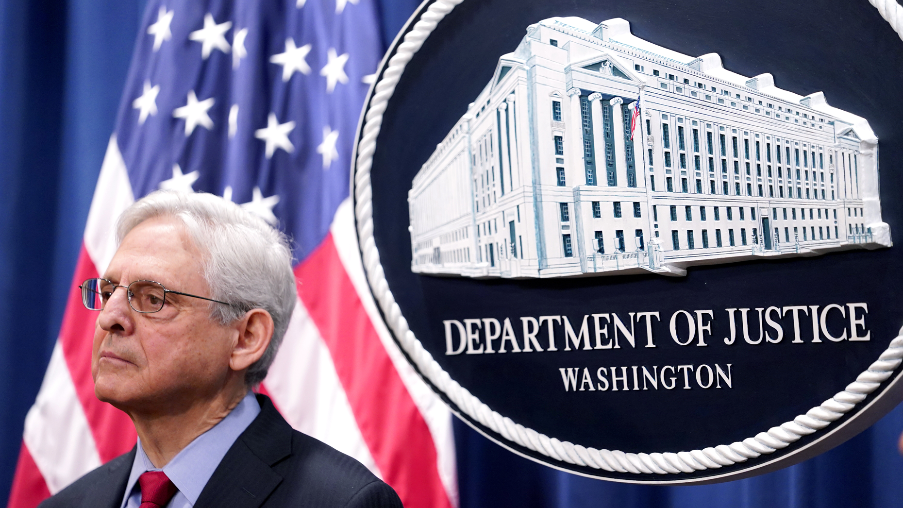 U.S. Attorney General, Merrick Garland at a news conference on March 21 after the Justice Department sued Apple for alleged antitrust violations. Photo by Nathan Howard/Bloomberg via Getty Images.
