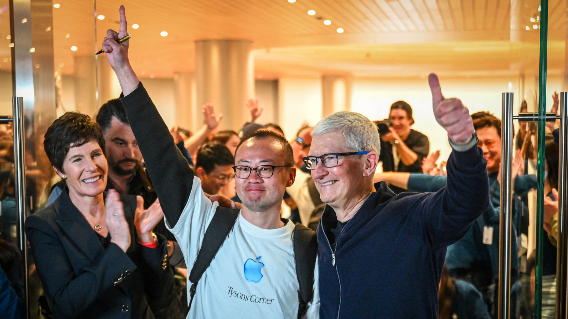 Apple CEO Tim Cook in Shanghai on March 21.  Photo by AFP/China OUT via Getty Images.