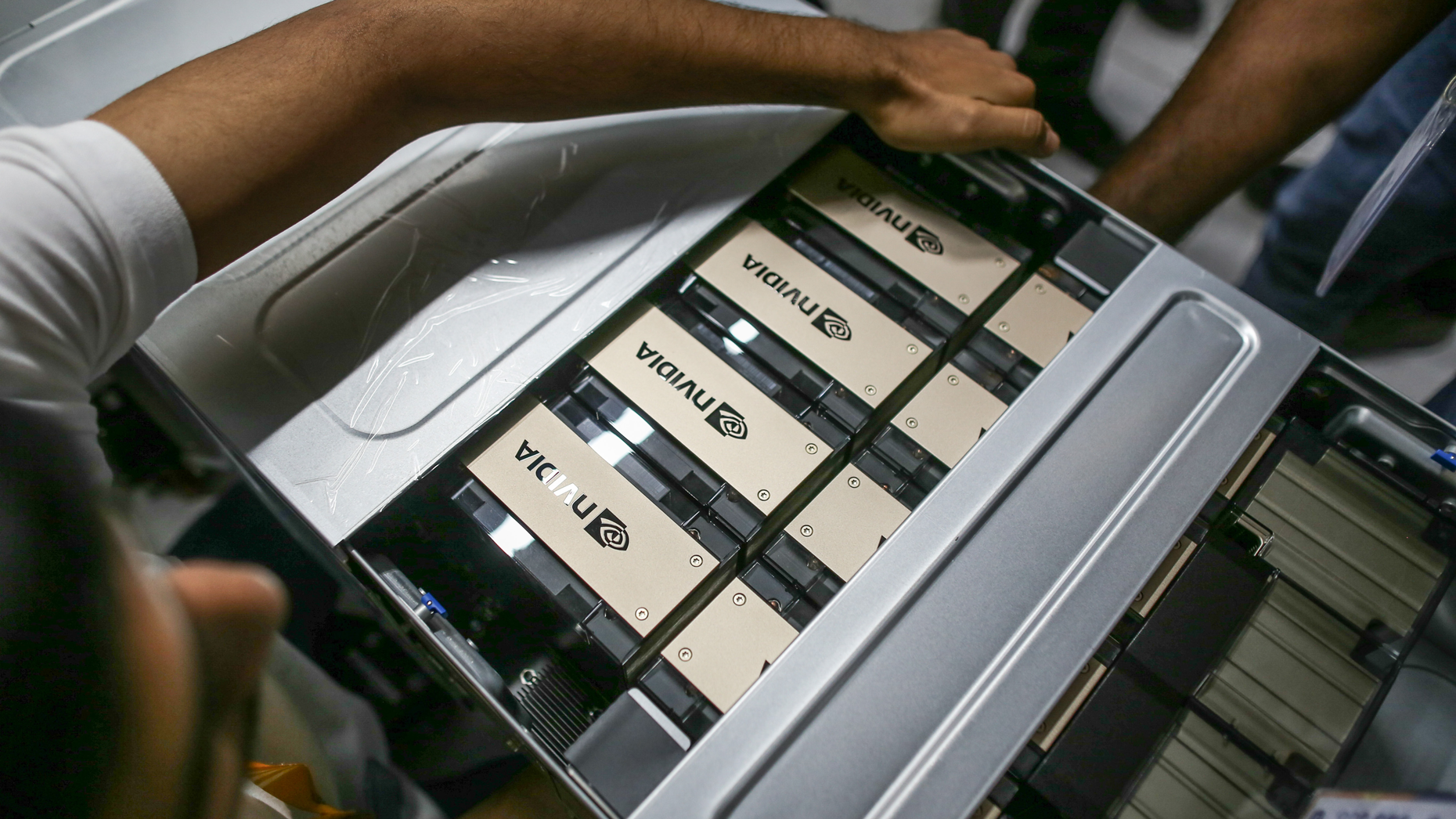 Nvidia H100 chips. Photo by Bloomberg via Getty Images.