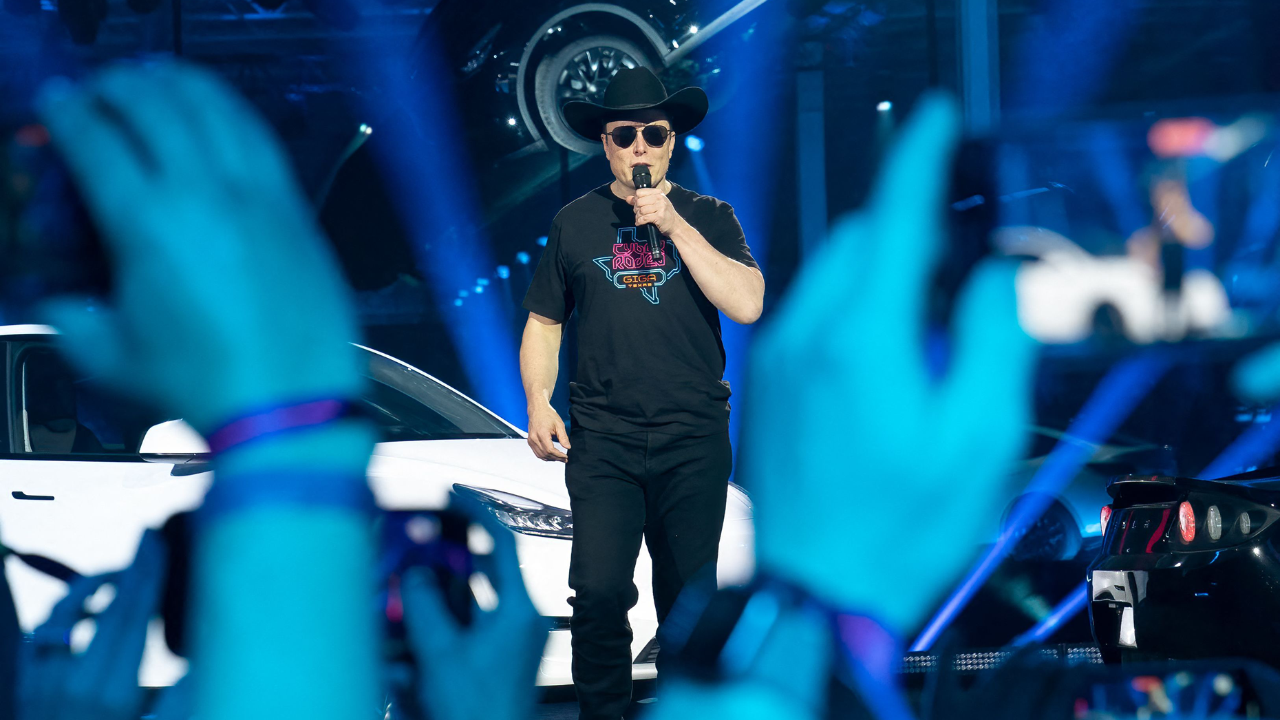 Tesla CEO Elon Musk speaks at the Tesla Giga Texas grand opening party in Austin on April 7, 2022. Photo by Suzanne Cordeiro/AFP via Getty Images
