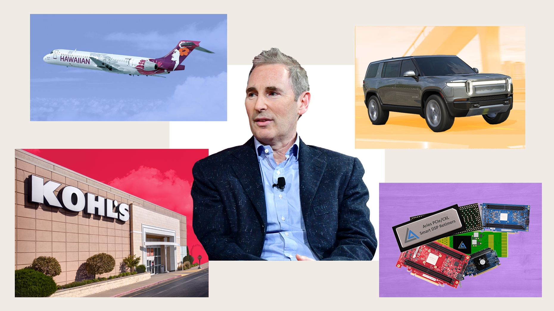 Andy Jassy and four notable vendors Amazon has taken warrants in. Rivian, Hawaiian Airlines, Kohl's and Astera Labs. Photos via Getty Images and Shutterstock.
